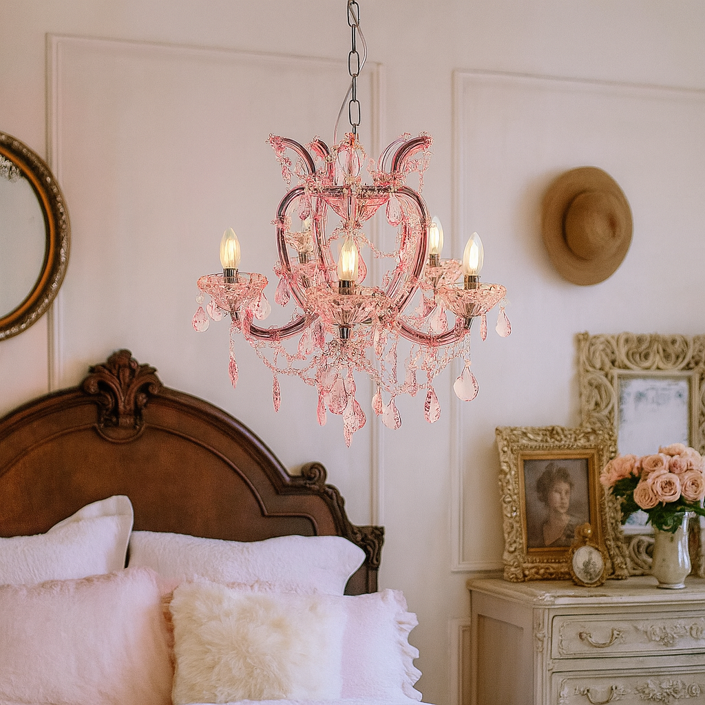 A pink crystal chandelier with five arms, a perfect chandelier for a dressing room or girl's bedroom. Pink five-arm crystal chandelier with cascading pink crystal drops.
