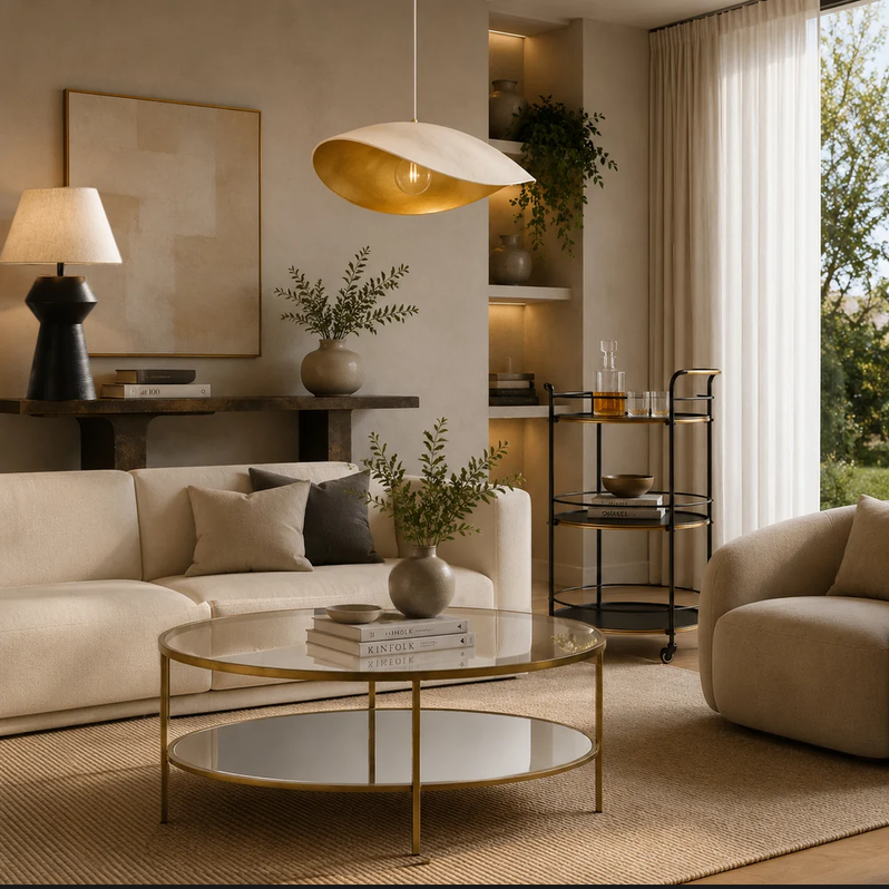 Plaster pendant light with inner gold in a contemporary living room