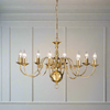 A polished brass eight-arm chandelier with a classic design, hanging against a neutral background.