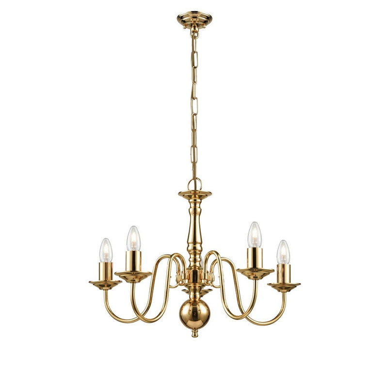 Polished brass classic chandelier. Perfect grandeur with 5 lights, it would enhance any period property, Traditional brass chandelier, perfect period or country house lighting. Decorative brass frame with 5 branches.