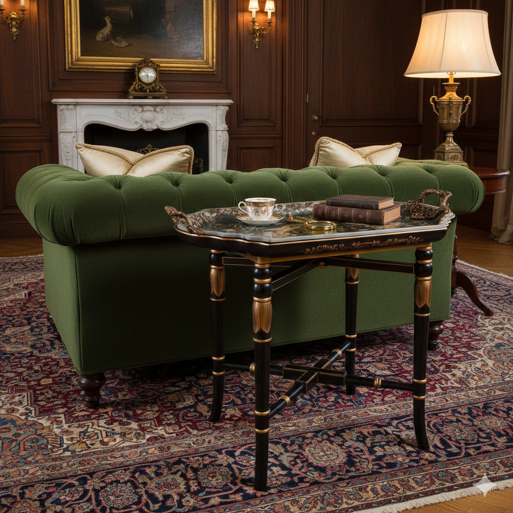 Bronze and Porcelain tray on stand in a traditional country house setting behind a green velvet sofa on a Persian rug., with a marble fireplace and heavy bronze lamp.