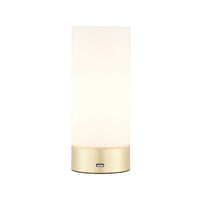 A cylindrical portable table lamp with a milk glass in a sleek brushed brass metal base. It has an USB port to charge any devices and a three touch dimmer settings.