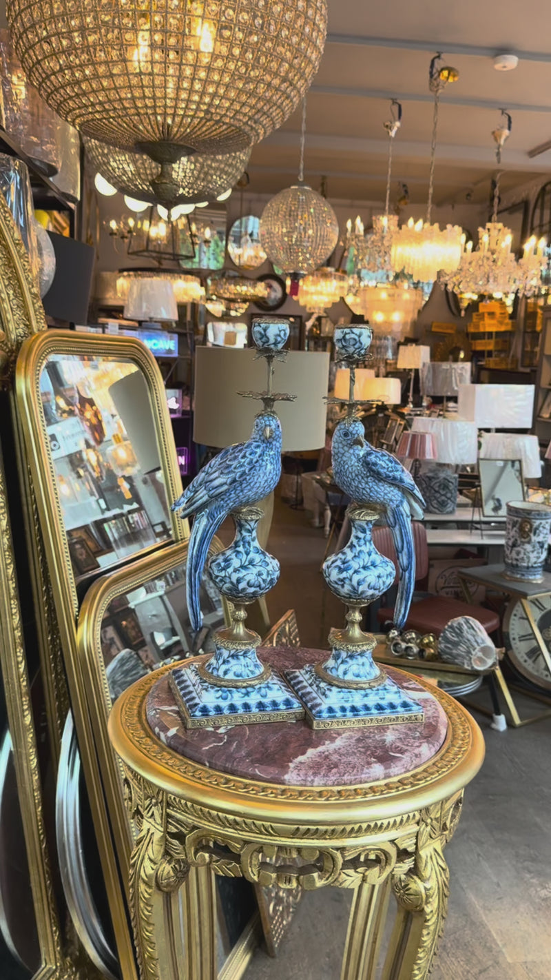 Bronze and Porcelain Parrot Candleholders