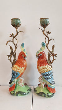 Colorful parrot candlesticks with bronze and porcelain finish for home decor