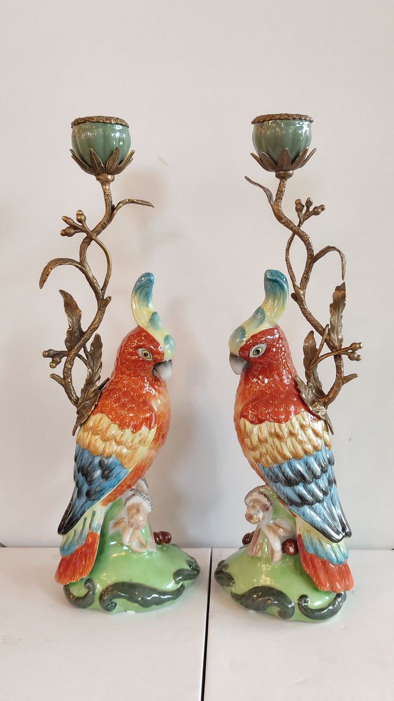 Colorful parrot candlesticks with bronze and porcelain finish for home decor