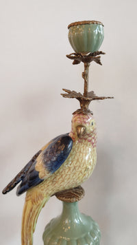 A pair of a colourful porcelain parrot candle holders with gilt bronze detailing. Crafted to exceptional quality, they add luxurious warmth and timeless charm to refined interiors