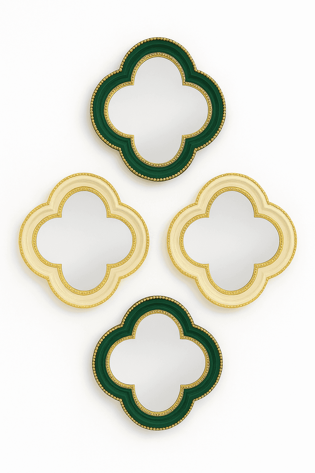 Green and cream quatrefoil mirrors with gold beading frames for home decor