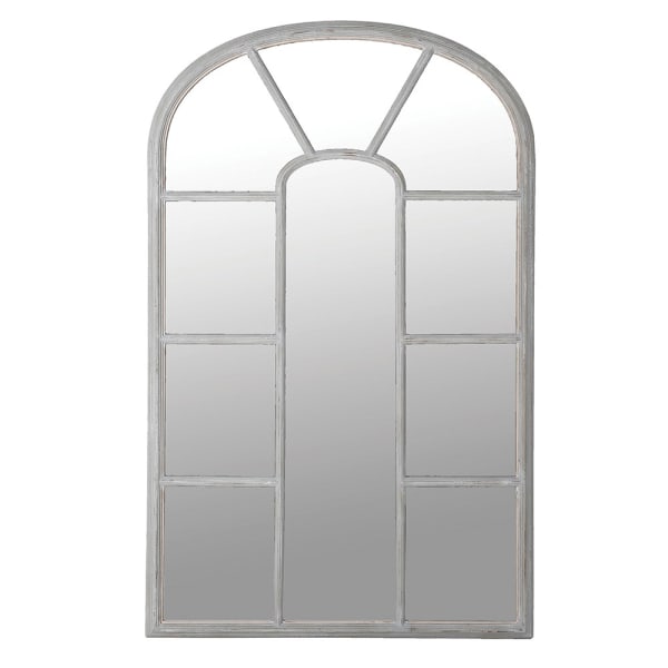 Tall grey painted window mirror with attractive curved panels in a rubbed, vintage finish. Perfect mirror for your hall or sitting room, window mirrors fool the eye, making the area feel so much larger. 