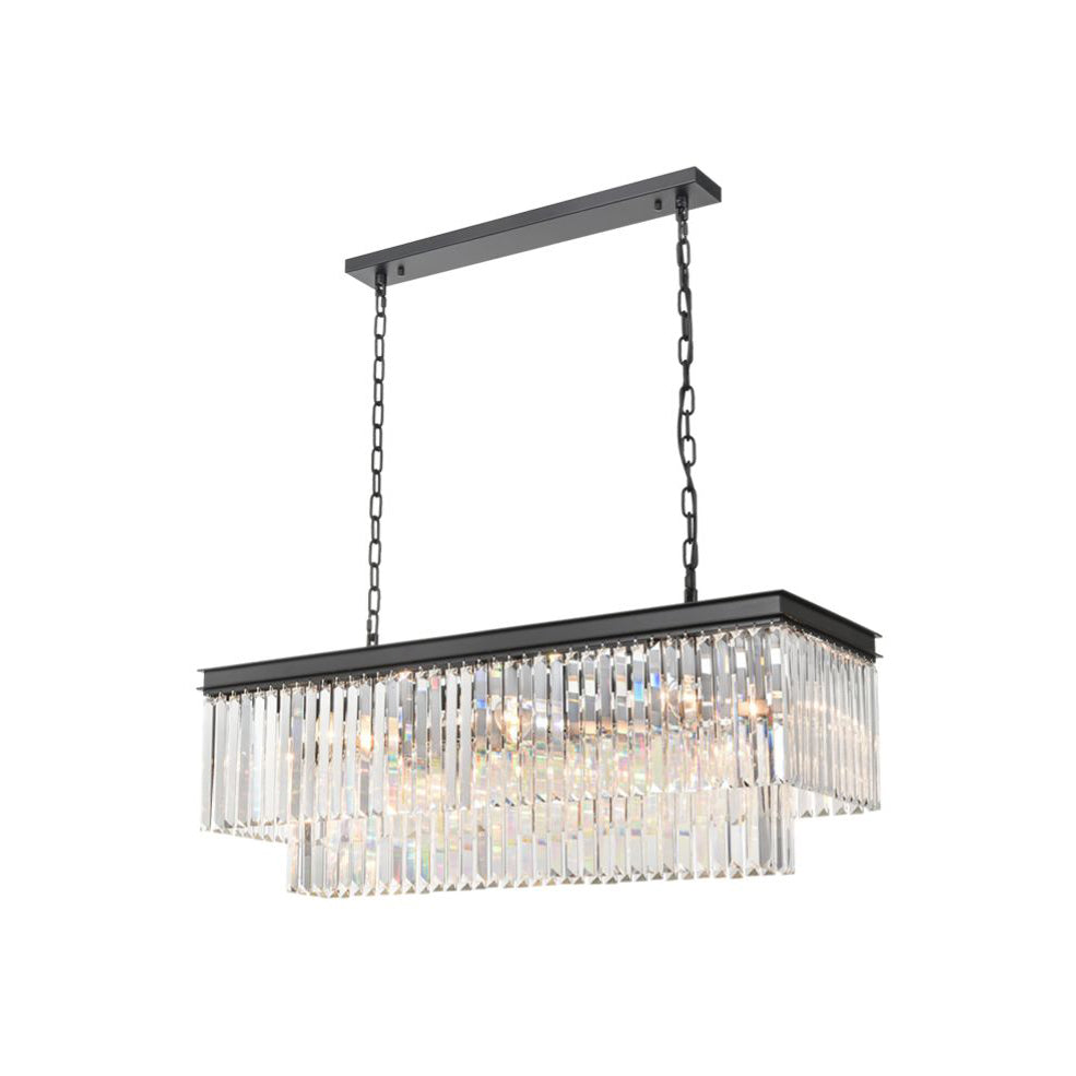 Rectangular chandelier with a black frame and rows of prism-cut crystal drops, suspended from dual black chains.