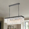 Rectangular chandelier with a black frame and rows of prism-cut crystal drops, suspended from dual black chains.