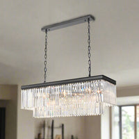Rectangular chandelier with a black frame and rows of prism-cut crystal drops, suspended from dual black chains.