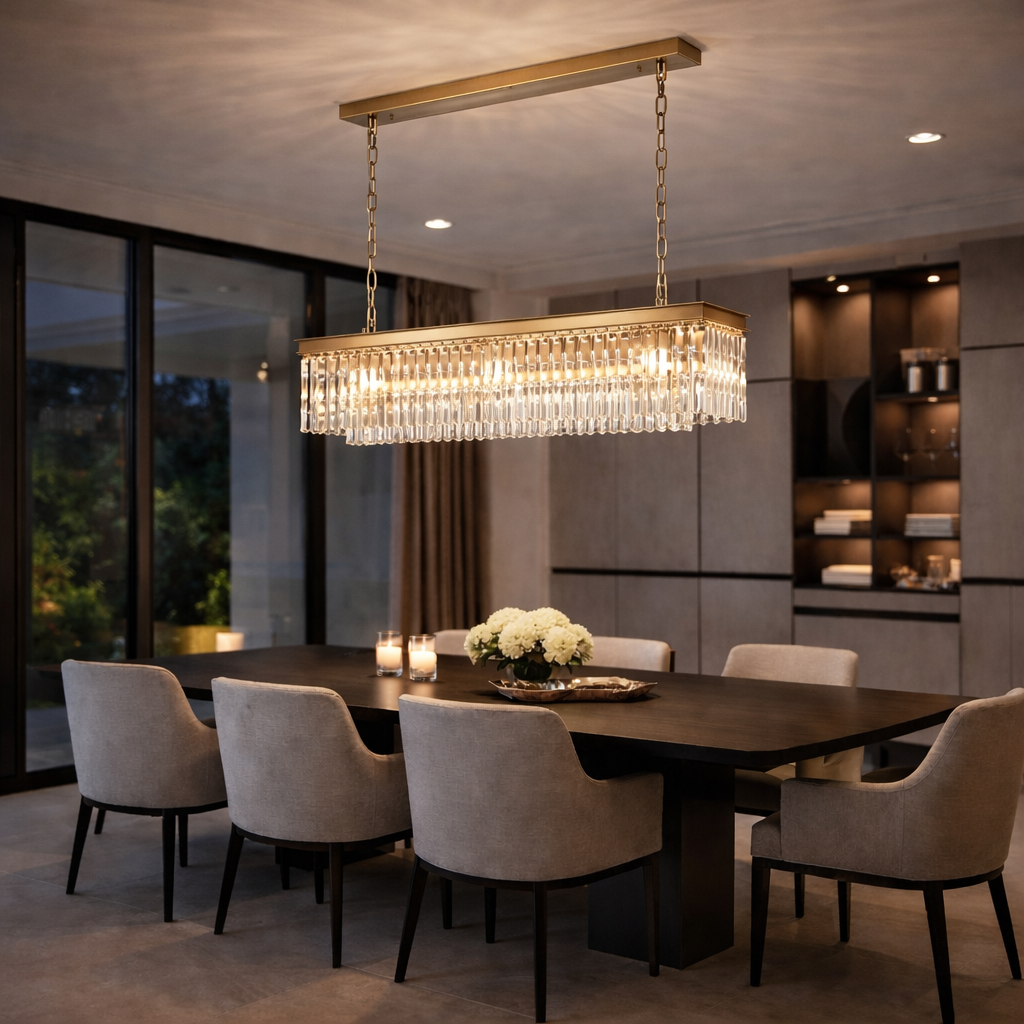 Rectangular prism chandelier over a rectangular dining table in an ultra modern dining area.