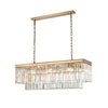Rectangular chandelier with a brushed gold frame and rows of prism-cut crystal drops, suspended by dual gold chains.