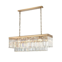 Rectangular chandelier with a brushed gold frame and rows of prism-cut crystal drops, suspended by dual gold chains.
