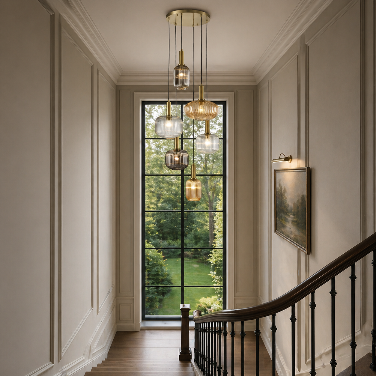 This six-globe ribbed glass cluster pendant adds a playful splash of colour and modern elegance to any space. Ideal for stairwells, dining rooms, or living areas