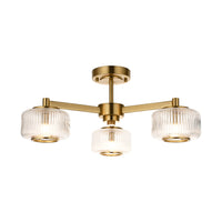 Ribbed Glass 3-Light Semi Flush Mount Ceiling Light – Modern Gold Pendant Fixture for Living Room, Bedroom, Hallway