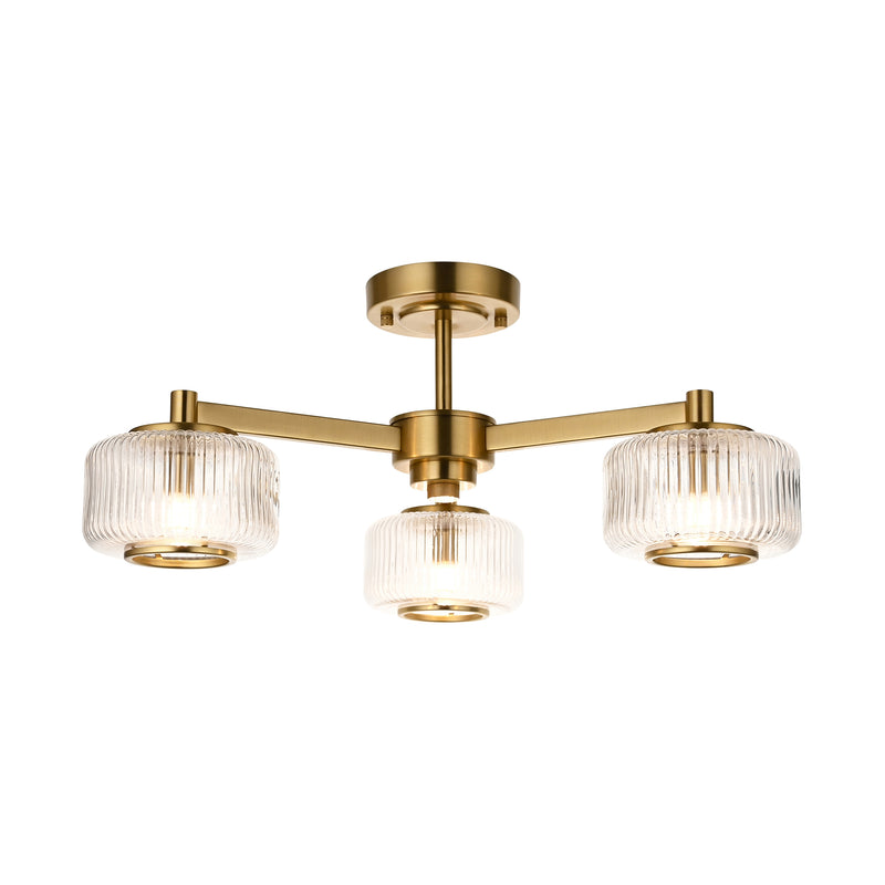 Ribbed Glass 3-Light Semi Flush Mount Ceiling Light – Modern Gold Pendant Fixture for Living Room, Bedroom, Hallway