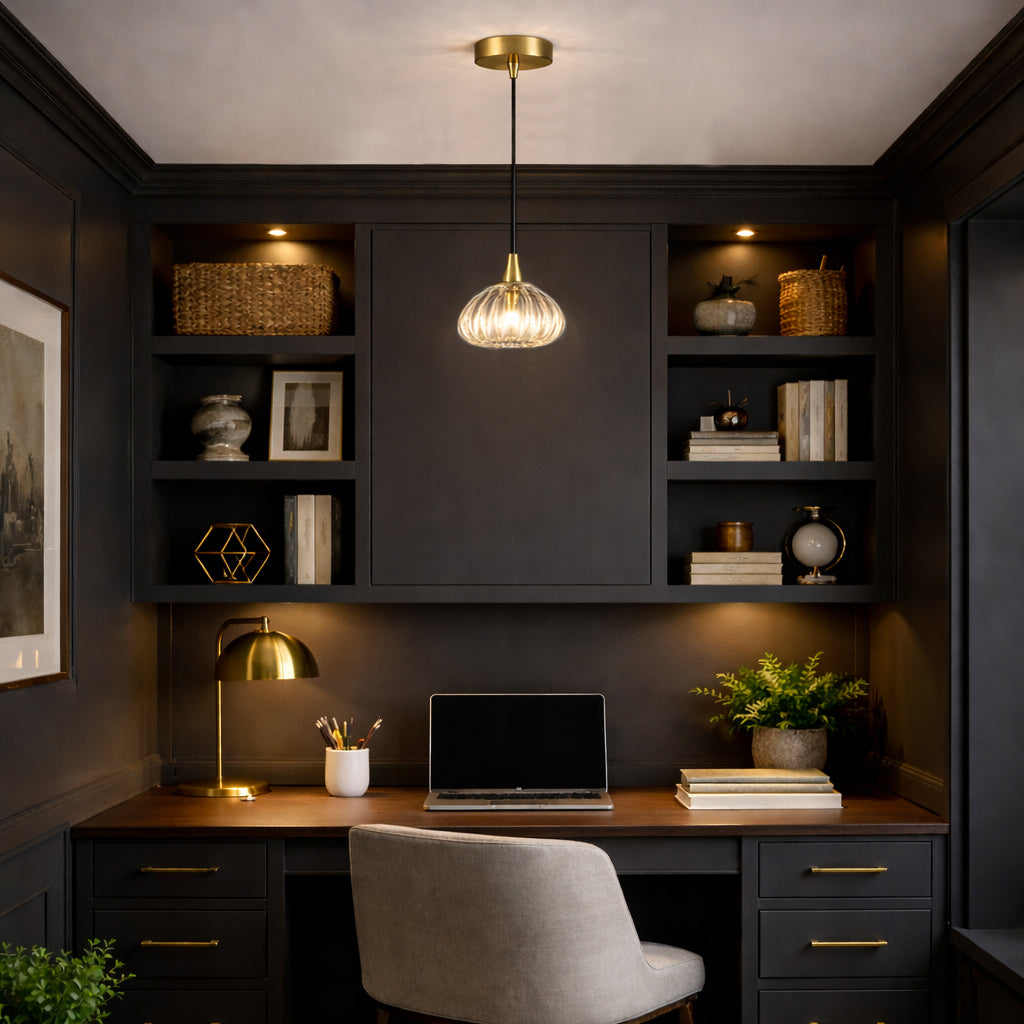 Small Brass & Ribbed Glass Pendant Light