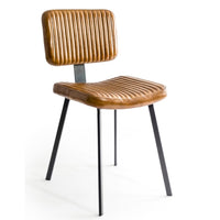 Ribbed tan leather dining chair with slim black iron legs and a contoured seat and back.