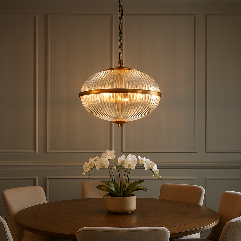 This elegant globe pendant light features a ribbed glass shade with a warm brass finish, blending vintage charm with modern appeal. Ideal for dining rooms, entryways, or kitchens, it provides soft, ambient lighting with timeless style. Compatible with LED bulbs and adjustable chain height for versatile installation.