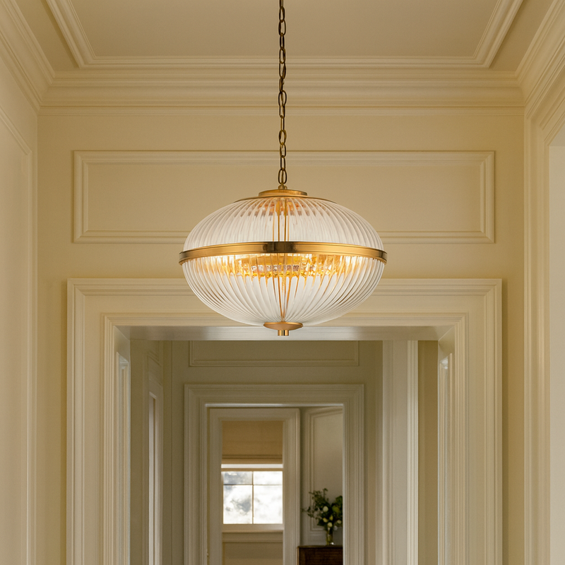 This elegant globe pendant light features a ribbed glass shade with a warm brass finish, blending vintage charm with modern appeal. Ideal for dining rooms, entryways, or kitchens, it provides soft, ambient lighting with timeless style. Compatible with LED bulbs and adjustable chain height for versatile installation.