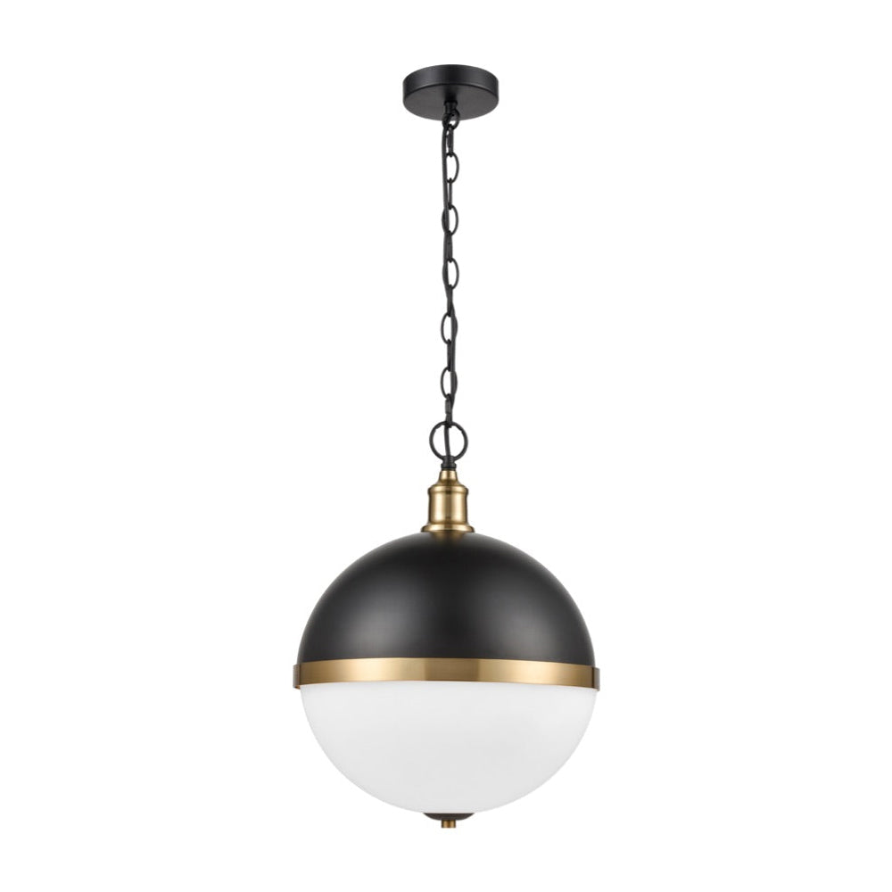 Round dark metal and opaque glass pendant with gilt accent to the centre on a gilt mount and chain. A really unusual pendant light, exceptional style and perfect as a kitchen island light. 