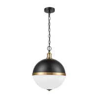 Round dark metal and opaque glass pendant with gilt accent to the centre on a gilt mount and chain. A really unusual pendant light, exceptional style and perfect as a kitchen island light. 