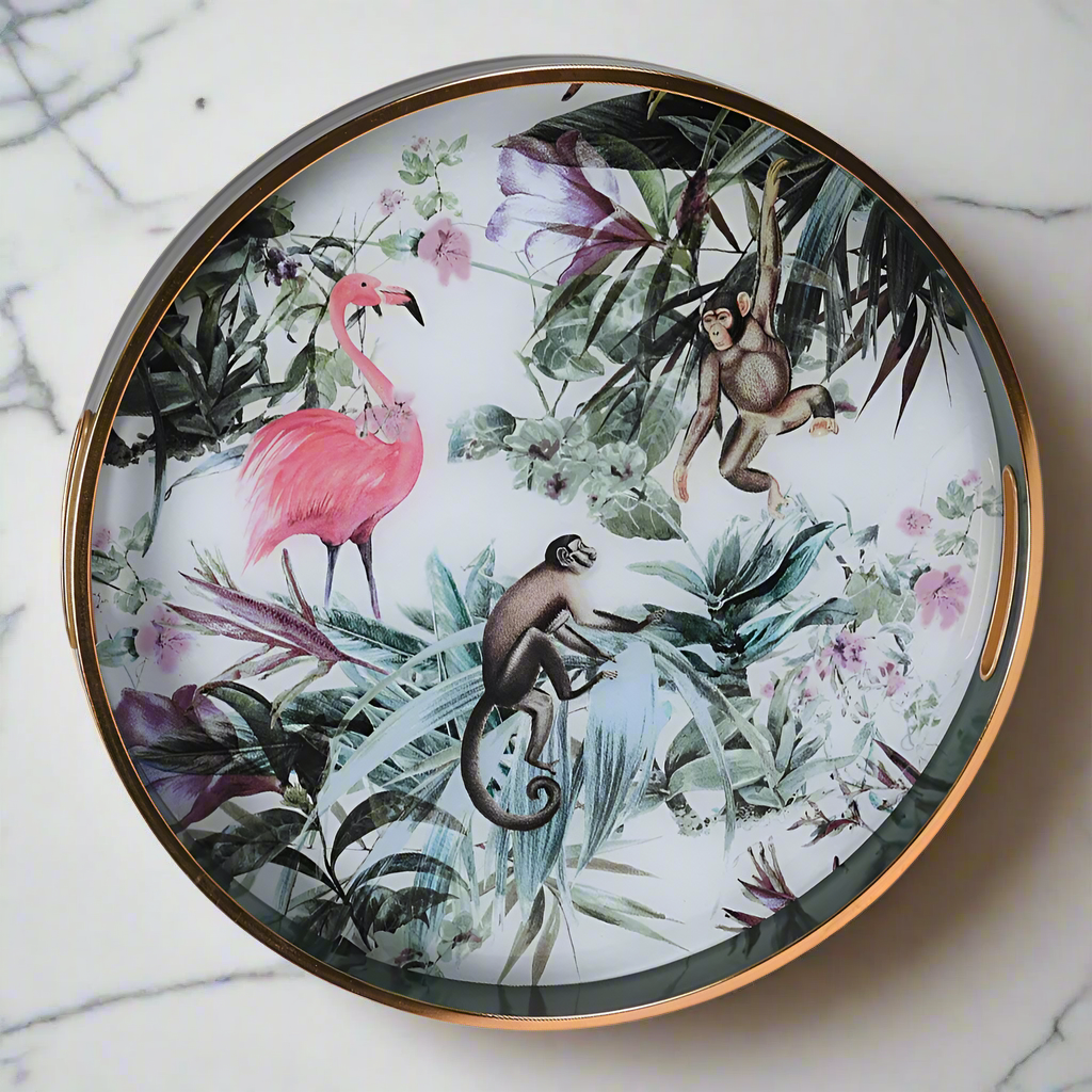 Round tropical-themed decorative tray with pink flamingo,  40cm diameter.