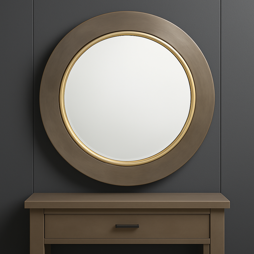 Simple round brushed bronze mirror over a country console table