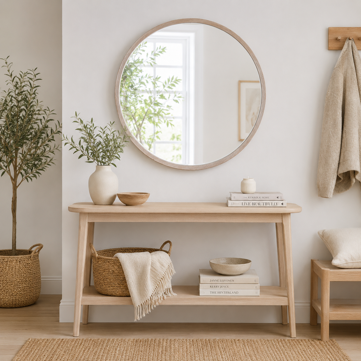 Scandi design setting,  pale wooden mirror over pale console table.