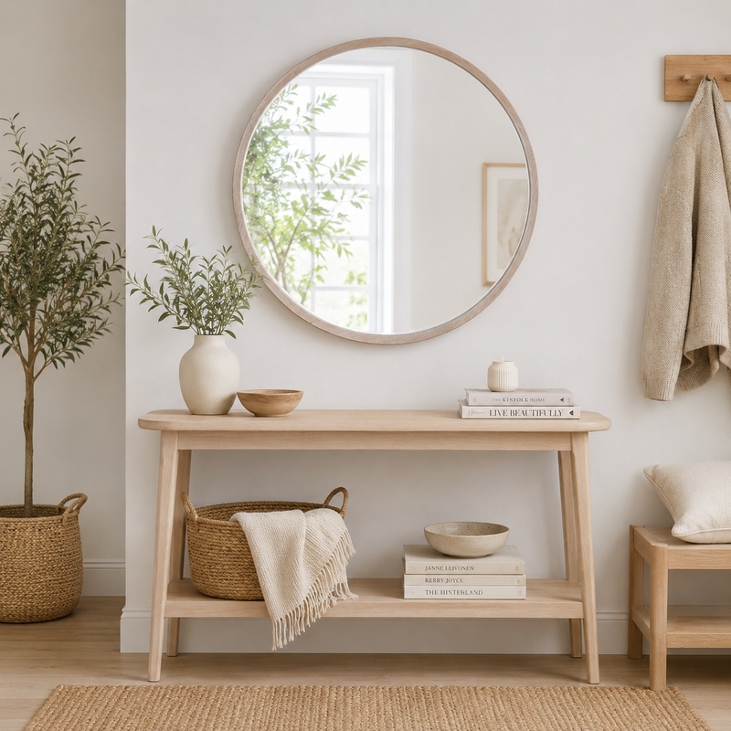 Scandi design setting,  pale wooden mirror over pale console table.