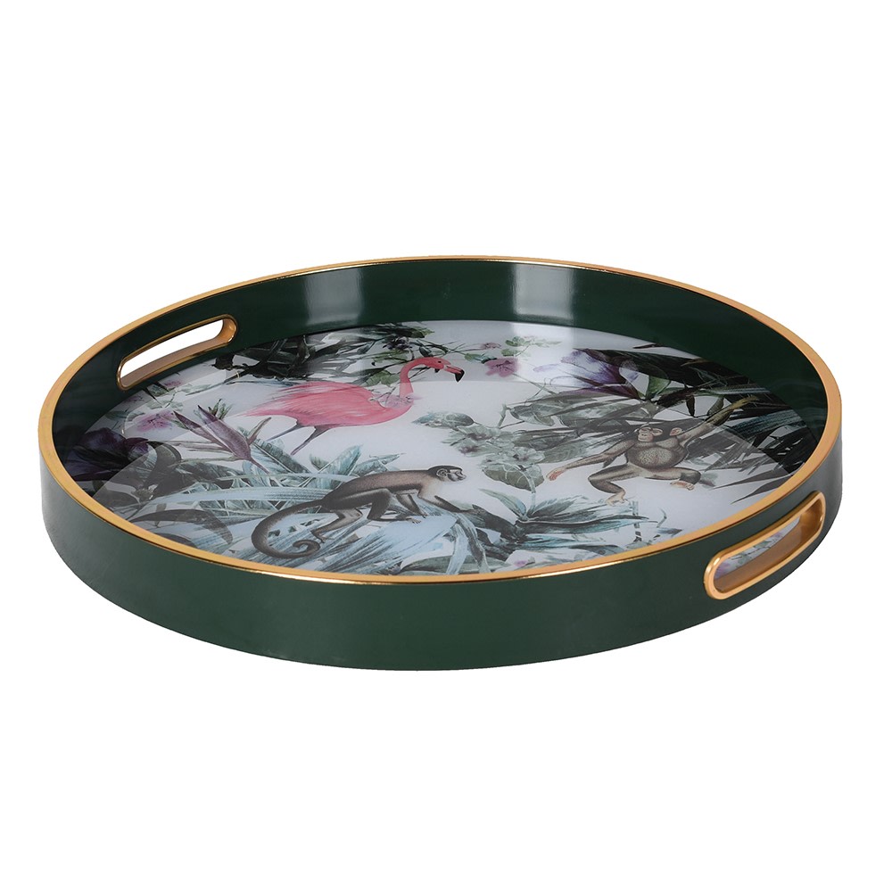 Gorgeous, round tray with a gilt rim. A luxurious look and ideal home gift.
Bring a touch of the exotic to your home with this vibrant Tropical Flamingo &amp; Monkey Tray. Measuring 40cm in diameter, this round tray features a stunning jungle-inspired design with a playful pink flamingo, monkeys, and lush botanical foliage in rich greens, purples, and soft pastels. Crafted with a high-gloss finish and bordered with a sleek gold rim, it’s as practical as it is eye-catching. Ideal for serving drinks, displayi