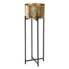 A very tall glamorous gold metal plant stand on tall slender black iron legs which will brighten and lift your patio or garden area. The gold metal plant pot is a useful 30cm diameter and the plant stand finishes at 94cm tall lending elegance and stature to any greenery, foliage or flowers you choose to plant in it. 