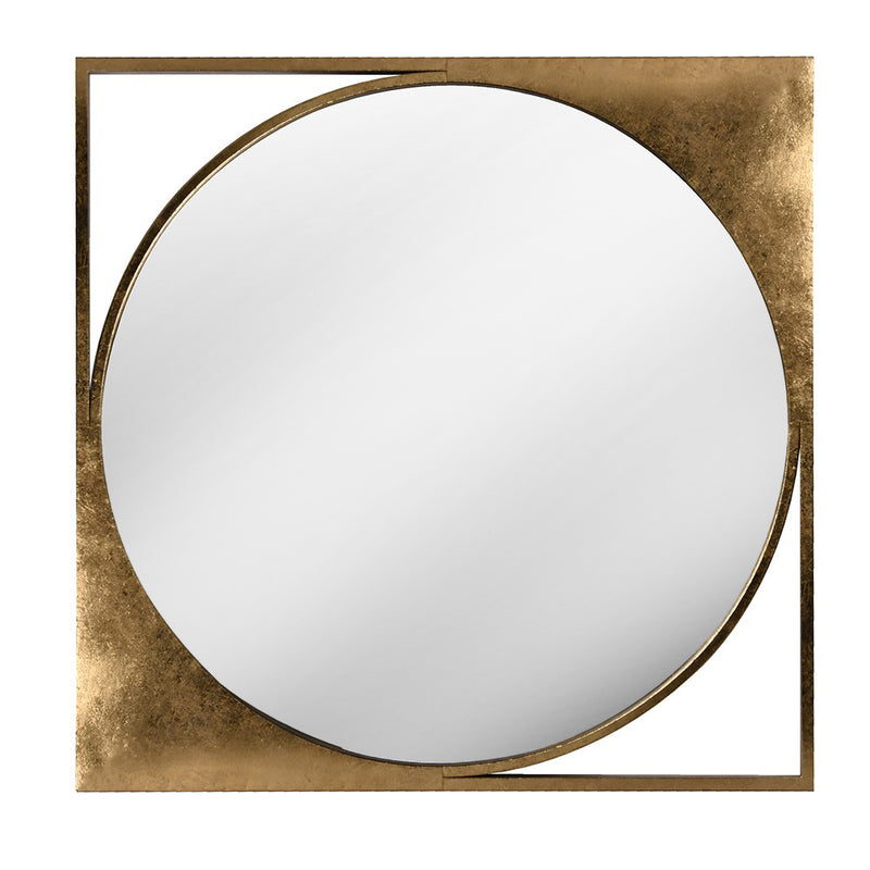 This circular mirror is framed in a gold metal frame in an original way.