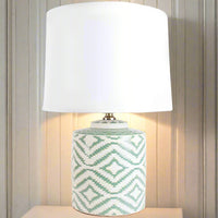 A stylish mint green ceramic table lamp featuring a tribal diamond pattern and a white linen drum shade, ideal for modern and bohemian home decor.