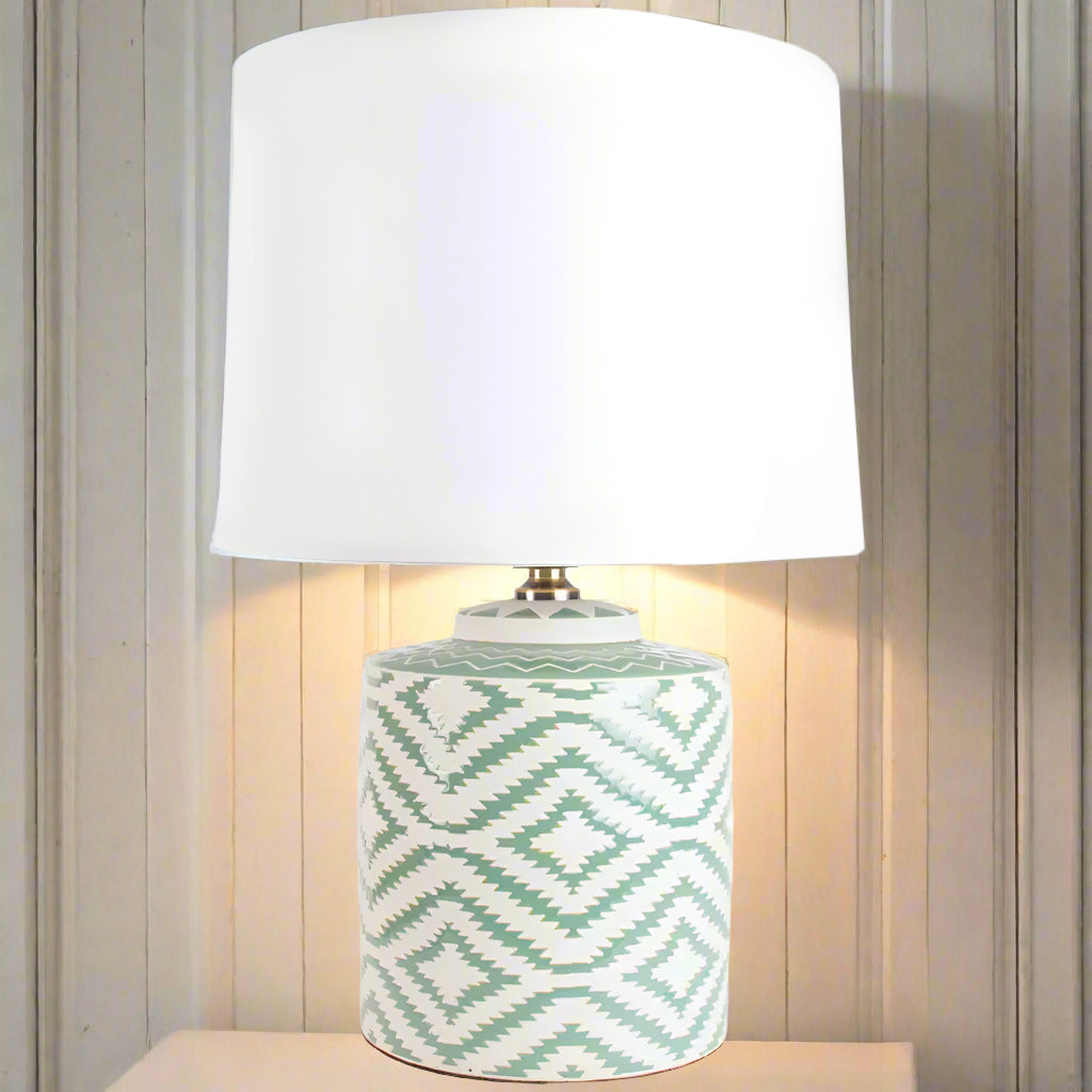 A stylish mint green ceramic table lamp featuring a tribal diamond pattern and a white linen drum shade, ideal for modern and bohemian home decor.
