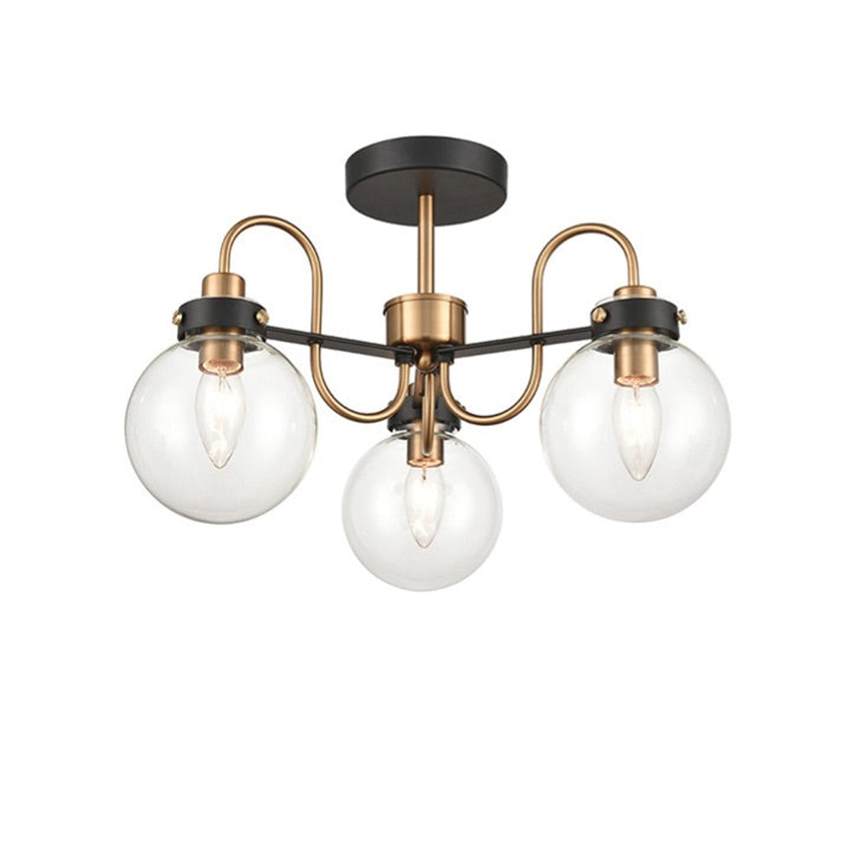 Great semi-flush pendant with 3 glass globe lights on a black and gilt metal frame. A really design led semi flush light, exceptional and perfect in a bedroom or study. Very welcoming light in the hall too.