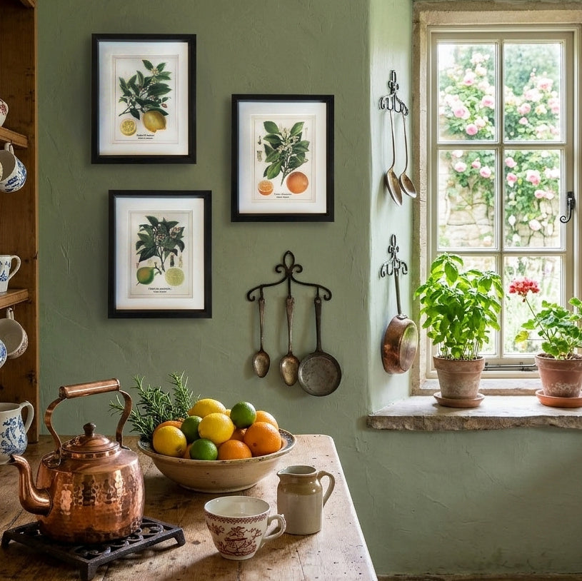 Bring a touch of botanical elegance to your home with these beautifully framed botanical prints. Inspired by classic natural history illustrations, the artwork features a detailed depiction of Citrus fruits, lemon, orange and lime, complete with delicate blossoms, lush green leaves, and vibrant colours.