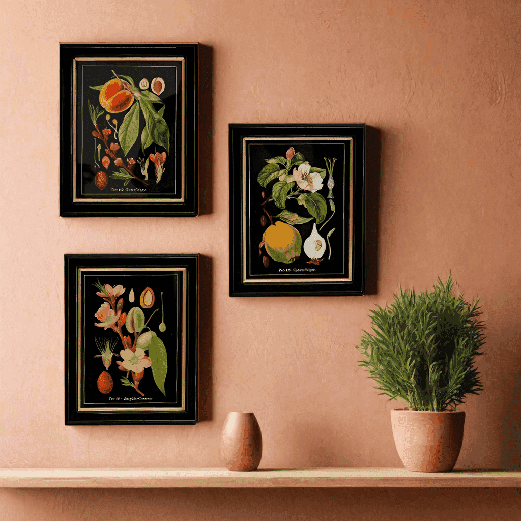 Set of three framed botanical fruit prints in black and gilt frames