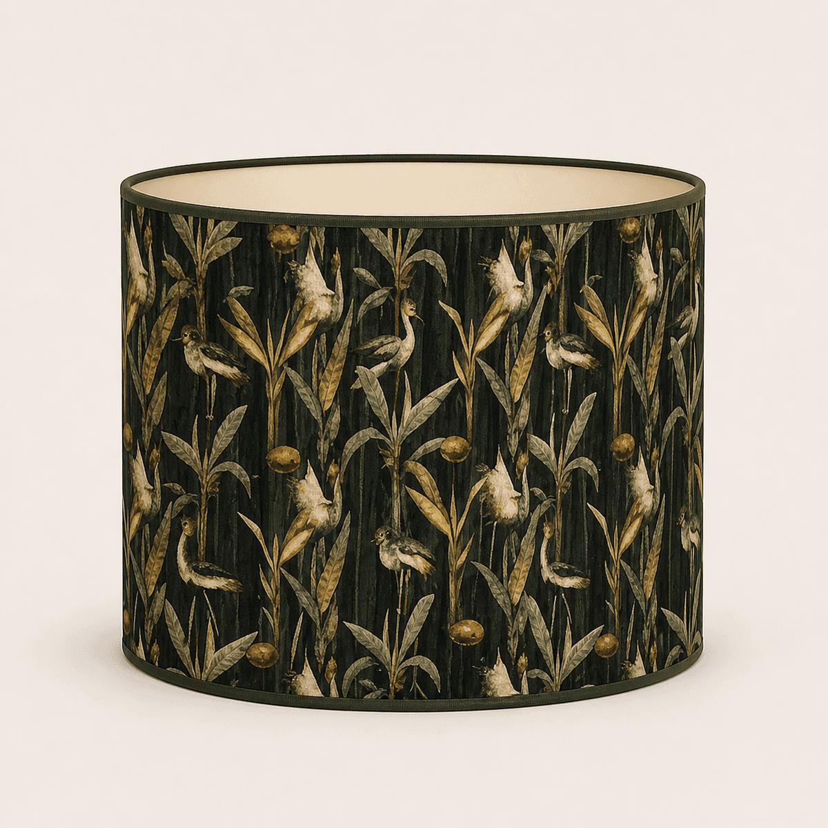 Drum shade in dark green velvet with birds and reed plant design. 