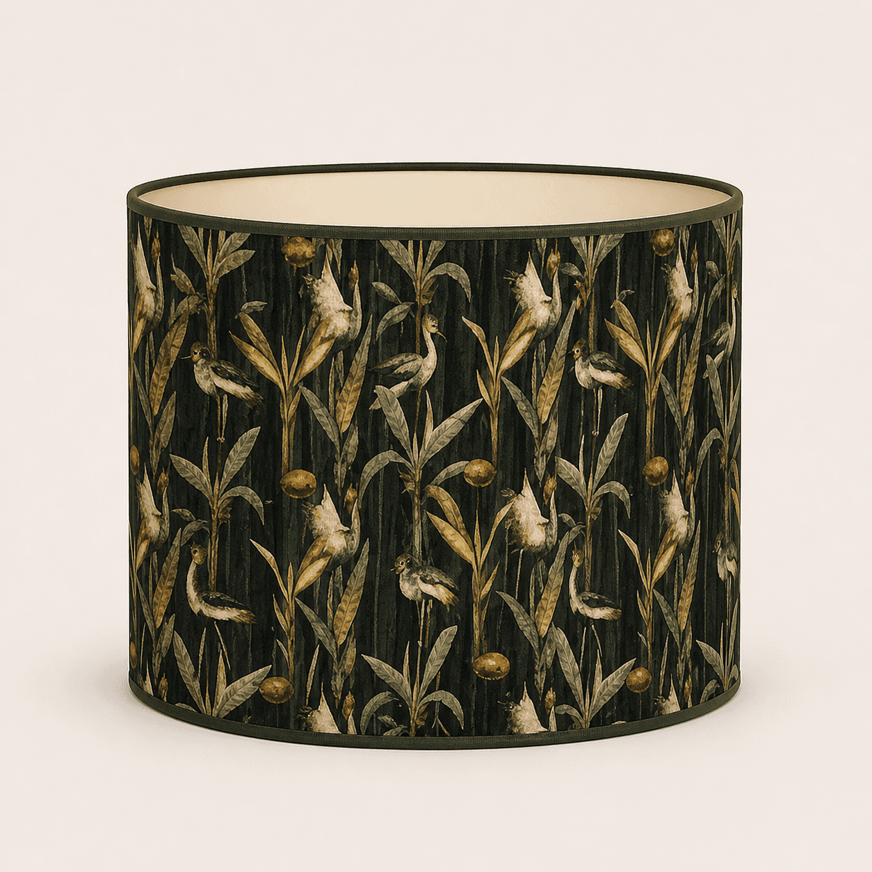Drum shade in dark green velvet with birds and reed plant design. 
