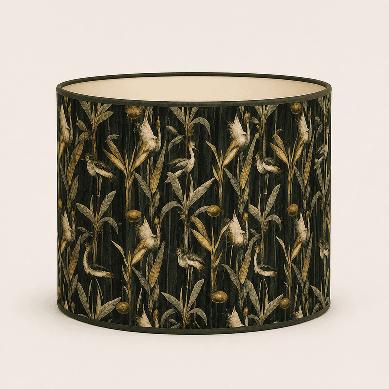 Drum shade in dark green velvet with birds and reed plant design. 