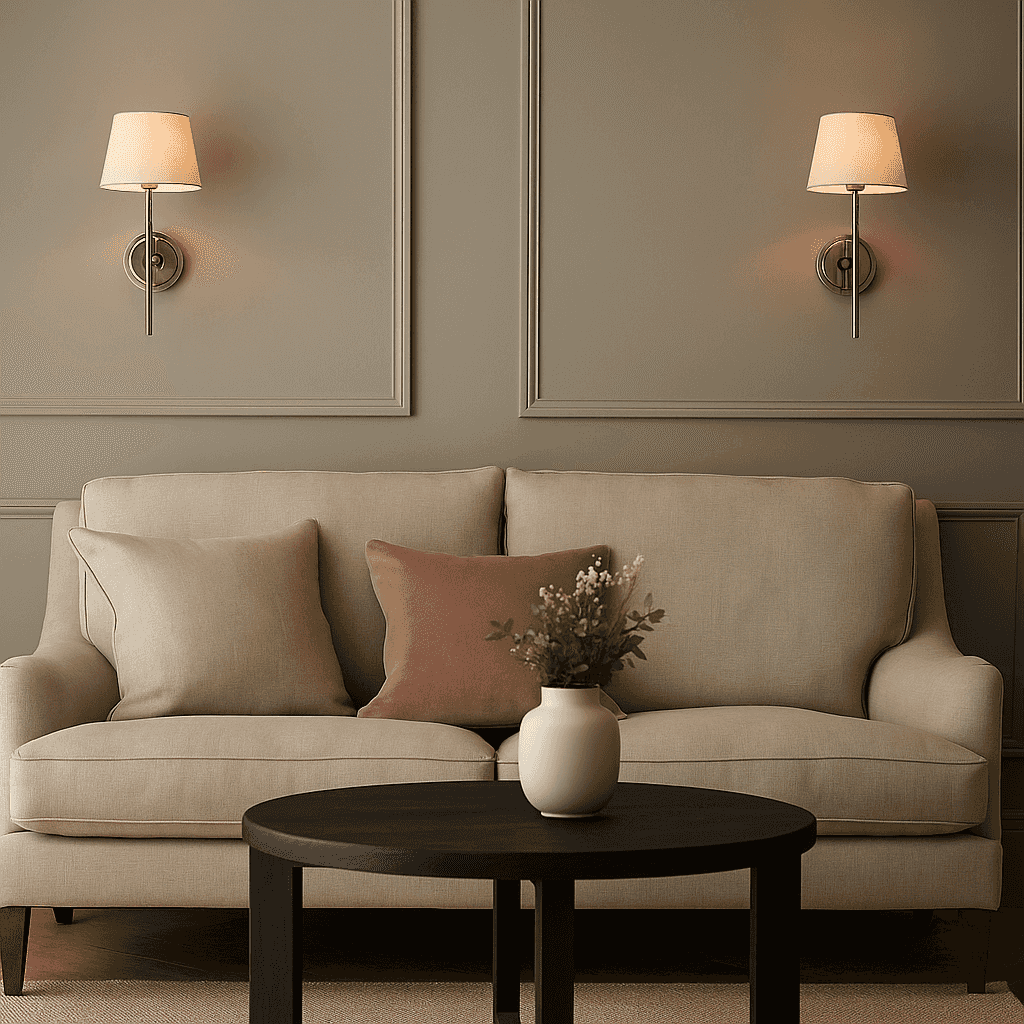 Beige sofa with decorative pillows and a vase on a dark coffee table against a neutral wall with wall sconces.