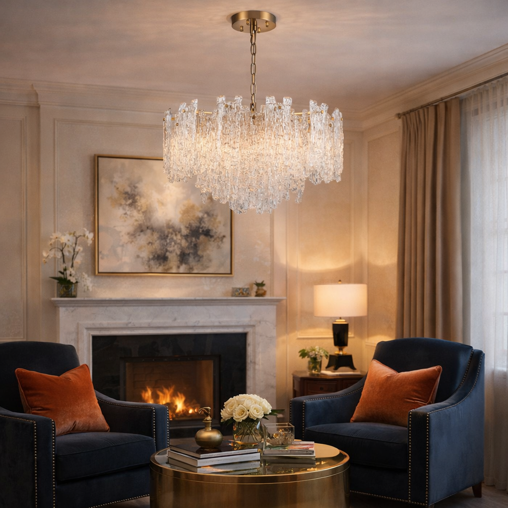 Icicle crystal chandelier in a luxurious sitting room setting. 