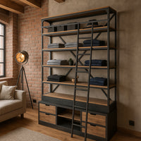 Ladder shelving in an industrial loft setting, wooden shelves and metal frame.