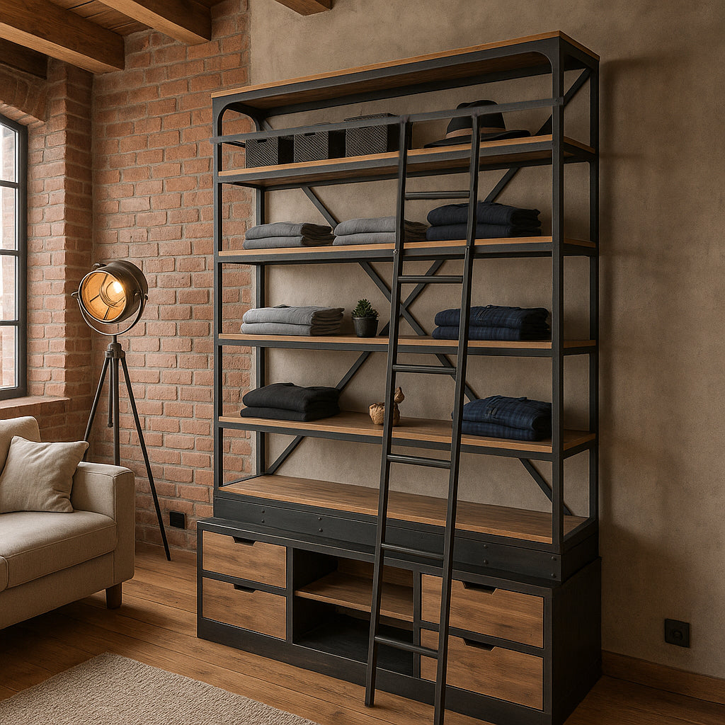 Ladder shelving in an industrial loft setting, wooden shelves and metal frame.