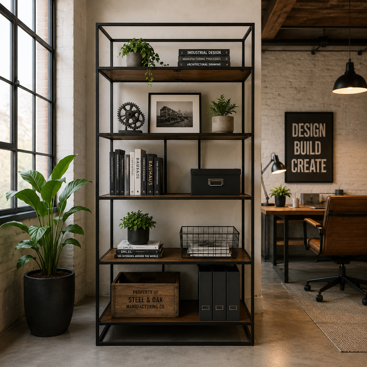 Modern office space with a large bookshelf, desk, and decor elements.