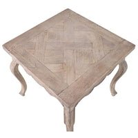 Pale acacia wood side table with vintage style curved legs, curved frieze edge and a parquet top.An unusually decorative table, in a pale colour with vintage flourishes.

W: 56 cm D: 56 cm H: 54 cm