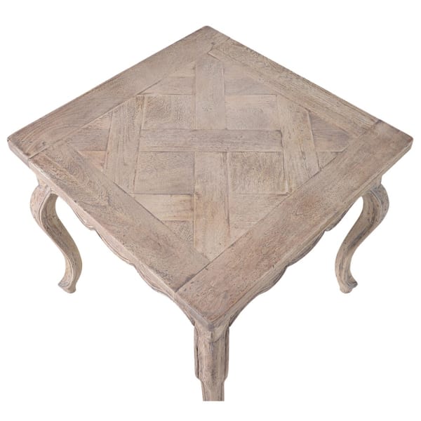 Pale acacia wood side table with vintage style curved legs, curved frieze edge and a parquet top.An unusually decorative table, in a pale colour with vintage flourishes.

W: 56 cm D: 56 cm H: 54 cm