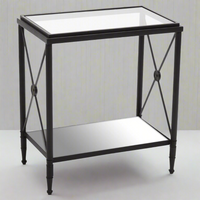 Clasic Empire Style side table with glass top and mirrored lower shelf.&nbsp; This stunning side table would work really well in a contemporary setting, the black frame contrasting beautifuuly with the glass andmirrored shelves. The cross metal sides with central medallion adding a decorative element. 